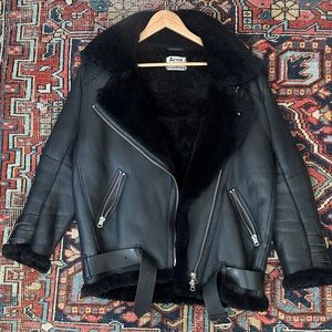 Acne Shearling Black Leather Moto  Jacket
